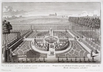 Vue du jardin topiaire à côté de la grotte, Geibach, gravée par Johann August Corvinus, publiée en 1728